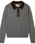 The Contrast Polo by Jumper 1 2 3 4/CR2 is a long-sleeve grey cashmere knit jumper with a dark brown collar and matching five-button front placket.