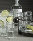The Zodax Ten Shot Tequila Set w/Ice Bucket features a clear liquor bottle, ice bucket, shot glasses, a pitcher with ice and lime slices, lime wedges on a tray, and a salt dish arranged on a gray surface.