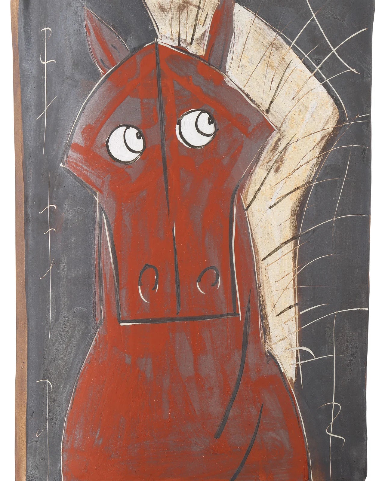 The Artistic Horse Medium Vase by Currey & Company, Inc. features a stylized red horse with a light mane and wide, upward-gazing eyes against a dark textured background with white sketch-like accents for artistic depth.