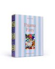 The Faire Pajama Party Puzzle is a 1000-piece jigsaw featuring colorful pajamas, snacks, and games on the box, accented by light blue and white vertical stripes. Made with recycled paper.