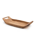 Fox Run Brands Acacia Serving Tray—crafted from acacia wood with raised, angled edges and cutout side handles—is a stylish, rectangular decorative tray shown on a white background.