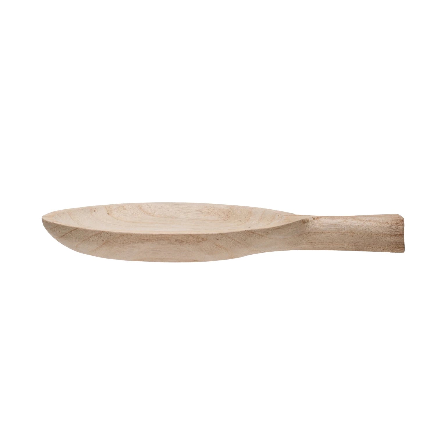 A Bloomingville Paulownia Wood Tray with Handle isolated on a white background, viewed from a side angle, showing the smooth, curved bowl and the flat handle, reminiscent of artisanal crafts found in Scottsdale Arizona.