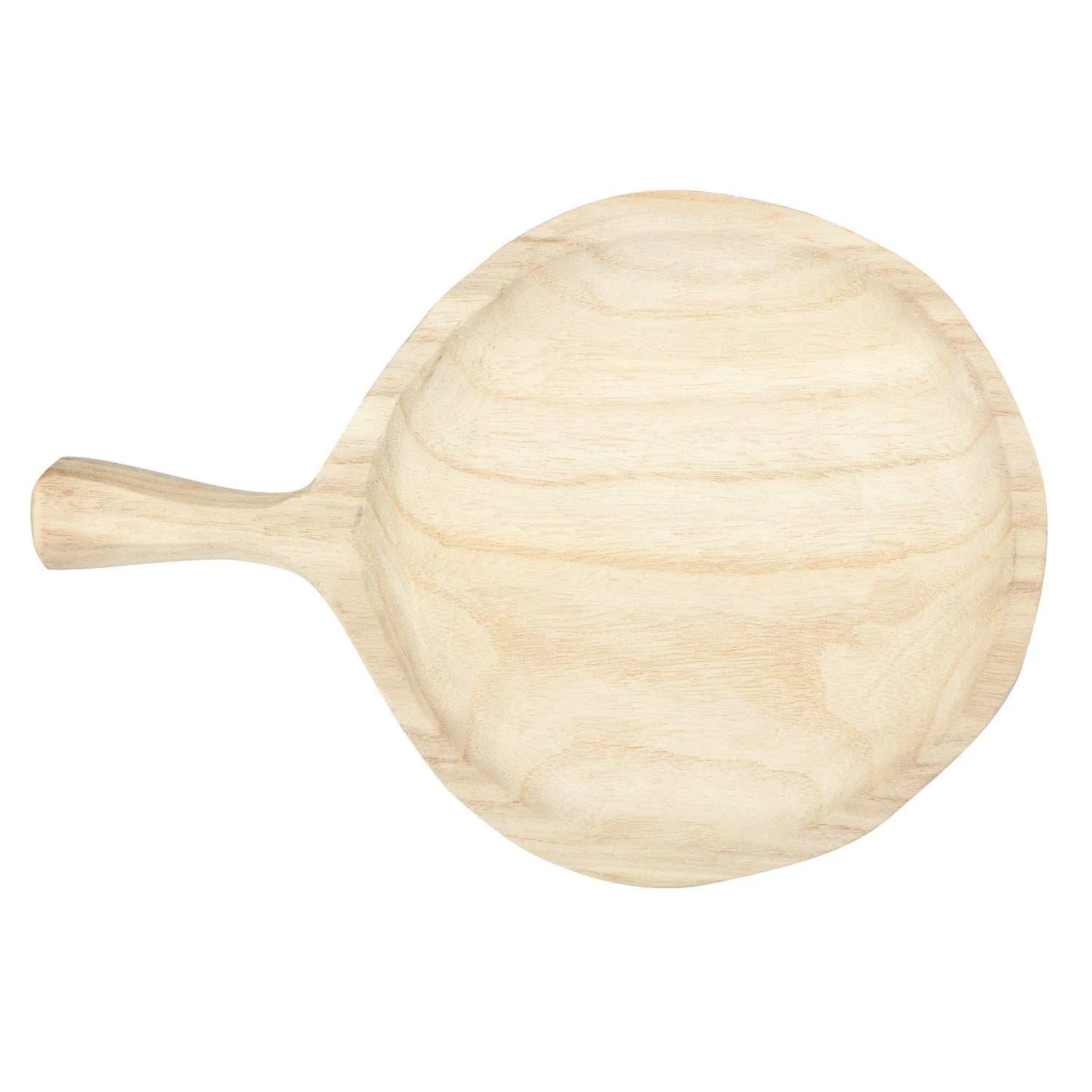 A Bloomingville Paulownia Wood Tray with Handle with a smooth, round surface and a handle, isolated on a white background in Scottsdale, Arizona.