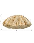 The Creative Co-op Stoneware Shell Shaped Vase, in beige and brown with textured ridges, is displayed against a white background. Labeled lines show it measures 4" tall by 8" wide, making it ideal for coastal home décor.