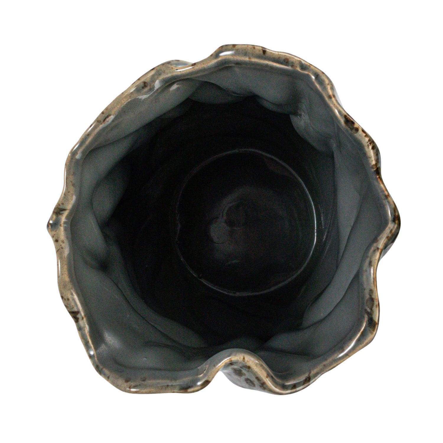 Top view of the Bloomingville Wavy Blue Stone Vase, featuring an irregular, wavy rim and dark glossy interior. The uneven, organic edge echoes the natural look of this handmade round stone vase.