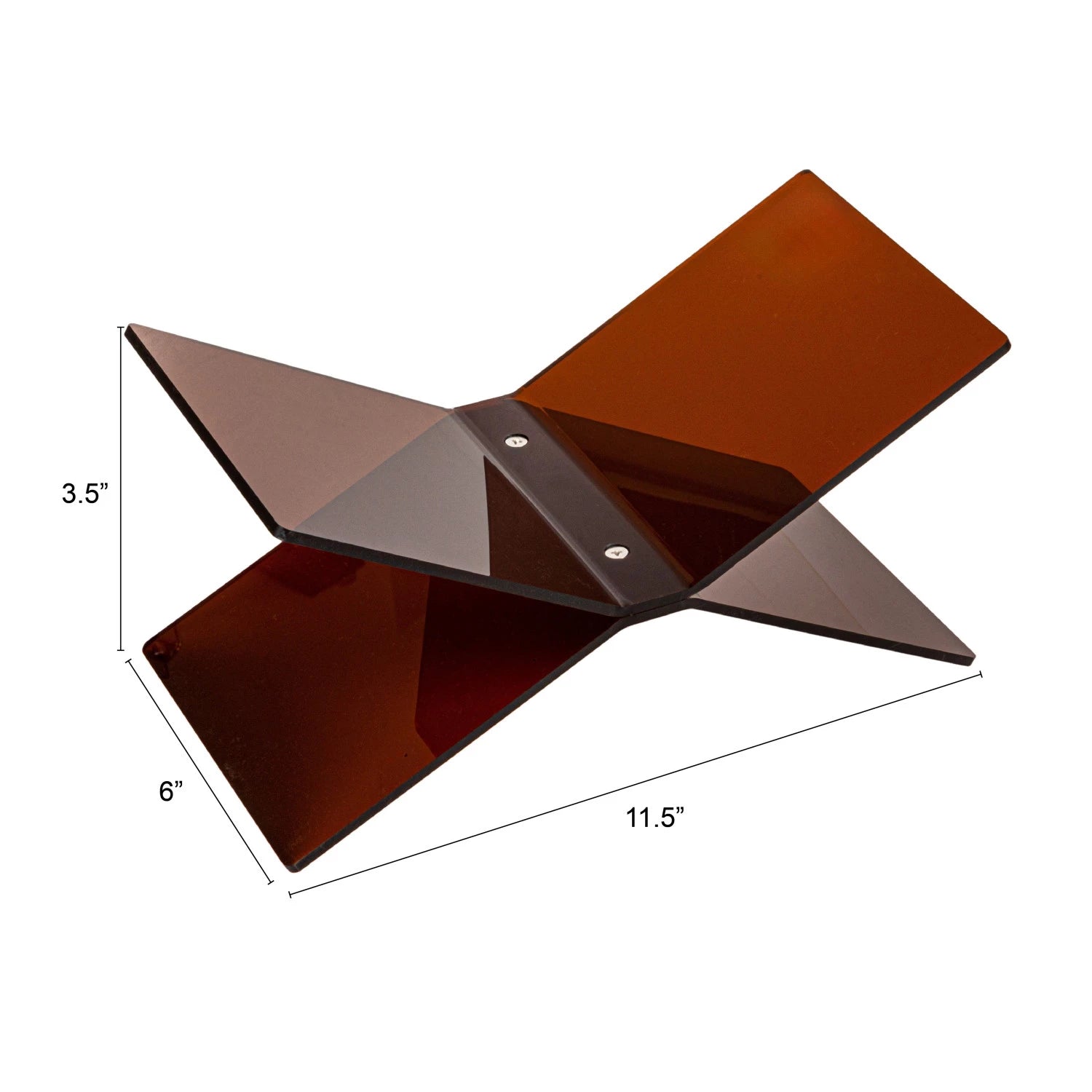 The Bloomingville Acrylic Book Holder is an amber, X-shaped stand made of glossy acrylic panels, measuring 3.5" tall, 6" wide, and 11.5" long—perfect for elegantly displaying books.