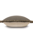 Brown and navy houndstooth pillow with brush fringe, beige back; Eastern Accents AID-01, side view.