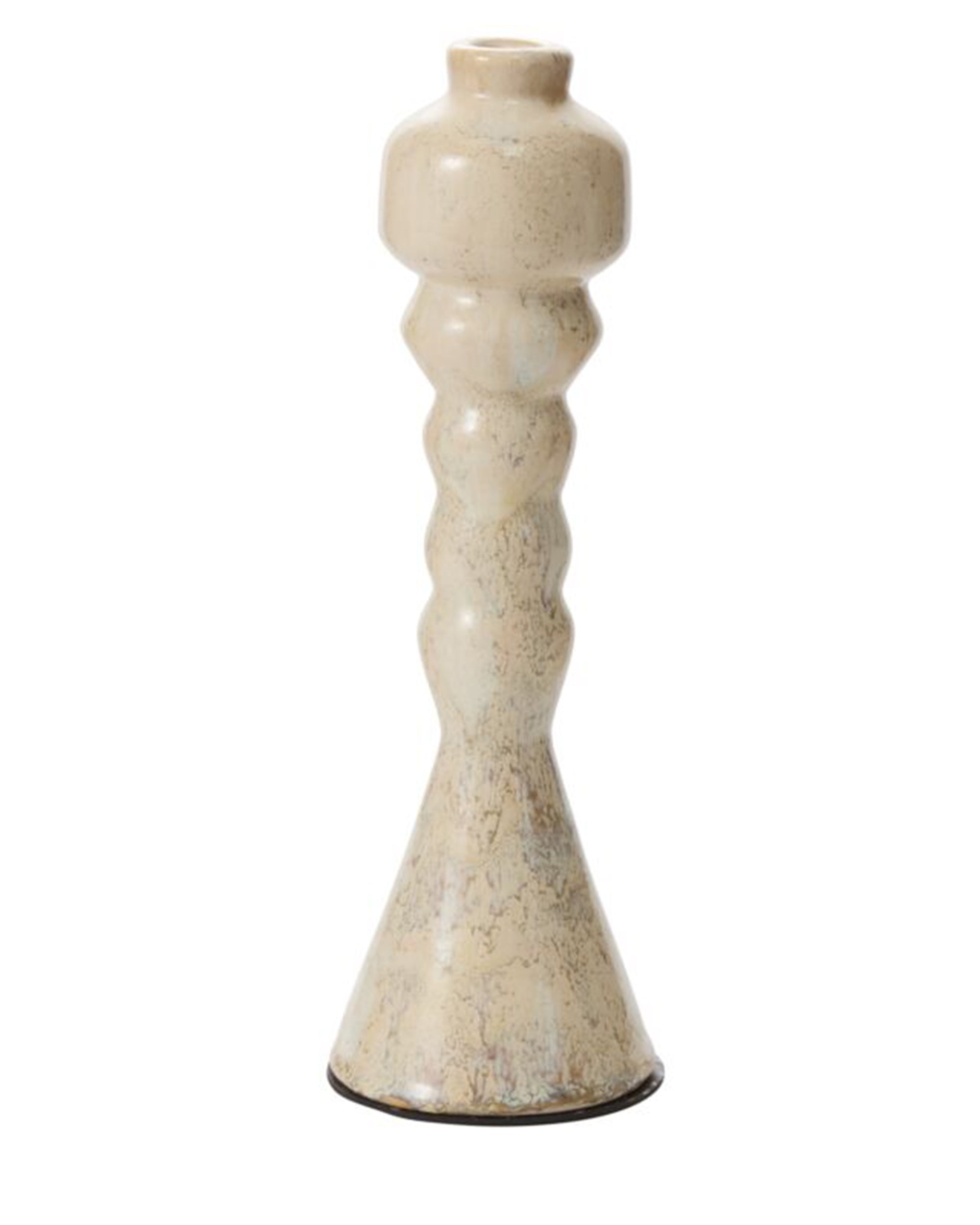 The Accent Decor 93887 Ailey Candleholder (4.25x13.25) is a handcrafted beige ceramic piece with a textured, sculpted design of curved and angular shapes, featuring a wide base that tapers to a narrow top.