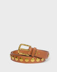 The Festival Ceinture/Belt by Jerome Dreyfuss is a brown cowhide leather belt adorned with large round gold studs, featuring a rectangular gold buckle. It is displayed in a loose spiral on a white background and offers an adjustable waistband for the perfect fit.