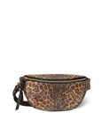 The Lino Banana bag by Jerome Dreyfuss is a leopard print belt bag featuring a black zipper and an adjustable belt, shown against a white background.