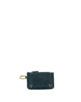 The Popoche XS Pouche by Jerome Dreyfuss is a compact dark green goatskin leather wallet adorned with gold rivets and a zipper, featuring a gold-tone clasp on the left for easy attachment to a keychain or bag, all set against a plain white background.
