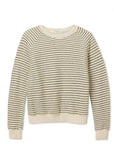 The French Terry Sweatshirt by Perfectwhitetee is a cream, long-sleeve crewneck with thin black stripes and a relaxed fit. Made from vintage French terry, it has ribbed cuffs, collar, and hem for a classic look.