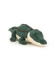 Allexi Alligator by Jelly Cat Inc. is a soft, green and beige plush alligator with textured fabric, lying on its stomach and smiling—an adorable addition to any collection.