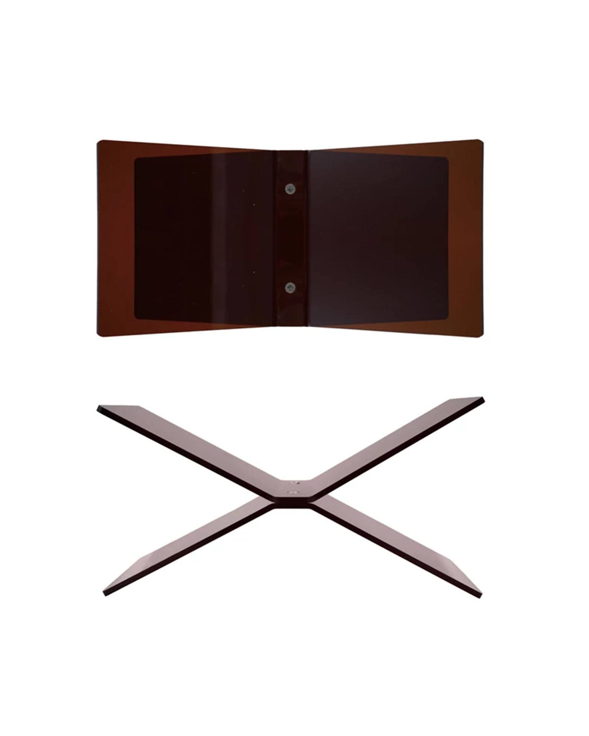The Bloomingville Acrylic Book Holder, featuring two interlocking flat panels in an X-shape, is displayed from top and side views against a white background. The holder has a brown, amber-like appearance.