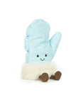 The Amuseables Mitten by Jelly Cat Inc. is a light blue plush with a fluffy white cuff, brown corduroy legs, and an embroidered smiling face—your cozy companion, sitting upright against a white background.