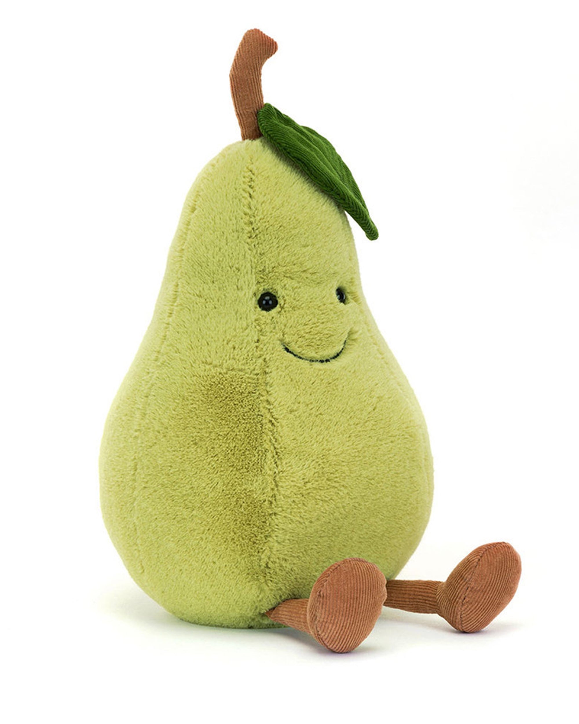 The Amuseables Pear by Jelly Cat Inc. is a soft, plush toy with a smiling face, chocolate cord boots, a brown stem, and a green leaf—perfect as a cute kitchen mascot or cheerful décor piece.