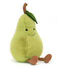 The Amuseables Pear by Jelly Cat Inc. is a soft, plush toy with a smiling face, chocolate cord boots, a brown stem, and a green leaf—perfect as a cute kitchen mascot or cheerful décor piece.