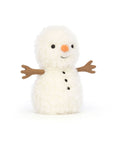 The Jelly Cat Inc. Little Snowman is a festive plush with a fluffy white body, brown felt arms, an orange carrot-shaped nose, black eyes, a stitched smile, and three black buttons—perfect for your Christmas cooler.