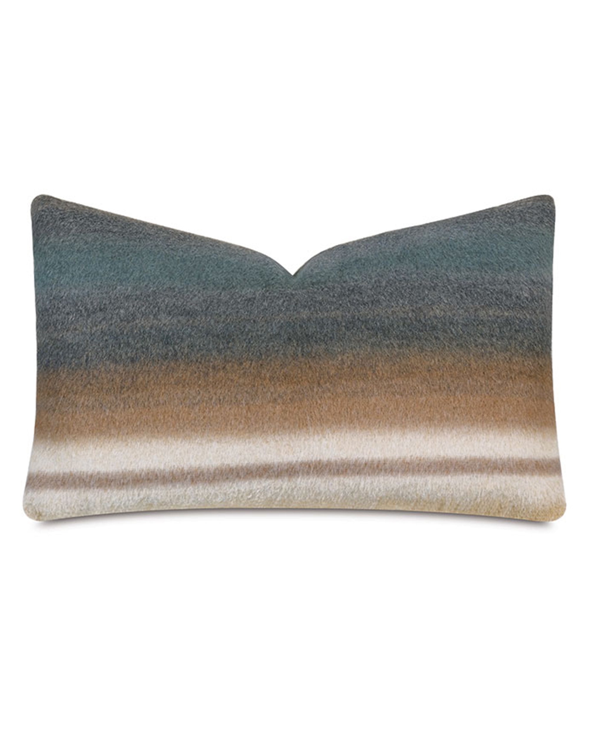 The Anderson Horizontal Ombre Pillow by Eastern Accents features a plush striped ombre design in teal, gray, taupe, beige, and cream with a slight top-edge indentation and includes a supportive pillow insert.