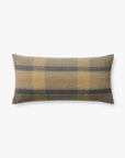 The Andi Yellow Pillow 12x27 by Loloi Rugs features a textured plaid in muted yellow, gray, and beige with a hidden flap zipper for a seamless look, shown against a white background.