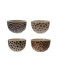 The Creative Co-op Bowl with Animal Print set includes four compact stoneware dishes—zebra, leopard, cheetah, and giraffe patterns—arranged in a 2x2 grid; perfect for serving appetizers.