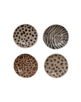Four Creative Co-op "Dish with Animal Print" stoneware bowls—featuring spots, zebra stripes, giraffe, and leopard prints—are arranged in a square on a white background. Durable and stylish; dimensions available on request.
