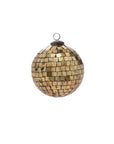 The Accent Decor 18816.50 Antiqued Disco Bal Orn 5" is a gold mosaic ornament with square mirrored tiles and mercury finish, topped with a metal loop—ideal as a Christmas tree ornament, shown isolated on white.