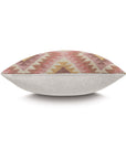The REINHART KILIM pillow by Eastern Accents features a geometric chevron design in soft pink, peach, and yellow on top with plain beige fabric underneath. Shown from the side; pillow insert included.