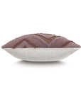 The REINHART FRINGE pillow by Eastern Accents measures 24x24 and features a light beige bottom, textured mauve chevron top with zigzag pattern, and fringed edges, shown from a side view.