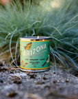 The Faire Arizona State Soy Candle, featuring sage, bergamot, and amber scents inspired by Arizona, rests outdoors on a stone with tall grass softly blurred in the background.