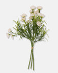The Hellebore Bunch in White by Abigail Ahern features small white artificial flowers with green stems and leaves, secured with a light brown rubber band and displayed against a plain white background.