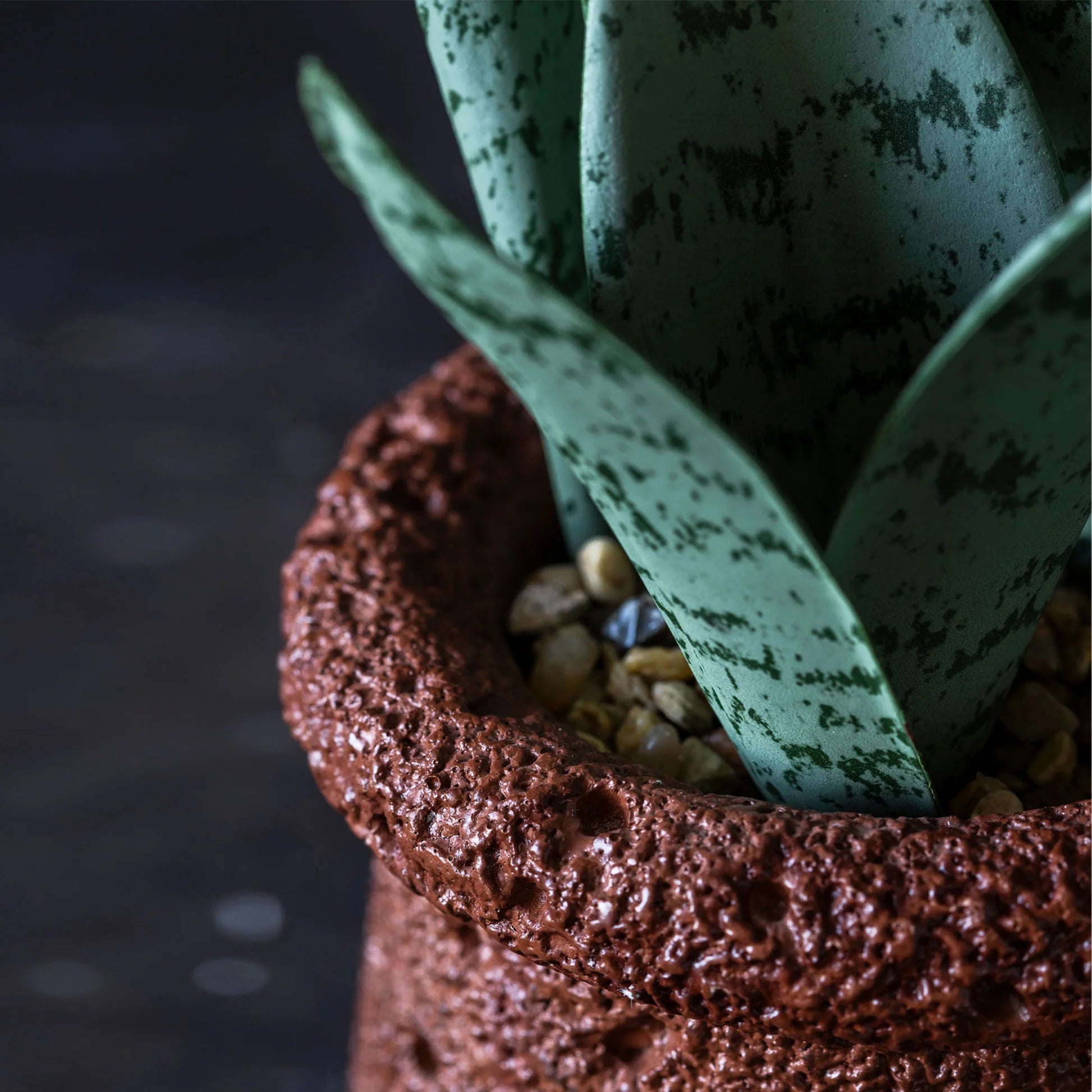 Close-up of the Abigail Ahern artificial snake plant, featuring realistic speckled leaves in a textured brown pot filled with small pebbles. The background is dark and blurred. Low-maintenance and stylish décor piece.