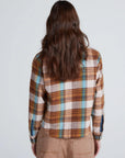 ASKK Crosby Flannel in pink plaid, shown from behind, styled with tan pants. Casual look by Bungalow Furniture & Accessories.
