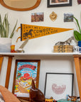 A desk with plants, books, a blue mug, and western-themed decor sits by art, photos, and the Faire "I Ain't No Cowboy Pennant." A Jason Isbell poster and small accessories are displayed below the desk.