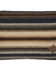 The Cadillac Ranch Throw by Faire features horizontal stripes in brown, beige, cream, and blue, a stitched edge, and a small leather patch. This cozy throw is machine washable for easy care.