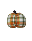The Faire Pumpkin is a small farmhouse ornament shaped like a pumpkin, covered in orange, green, and white plaid fabric with a short brown stem—perfect as charming fall decor.