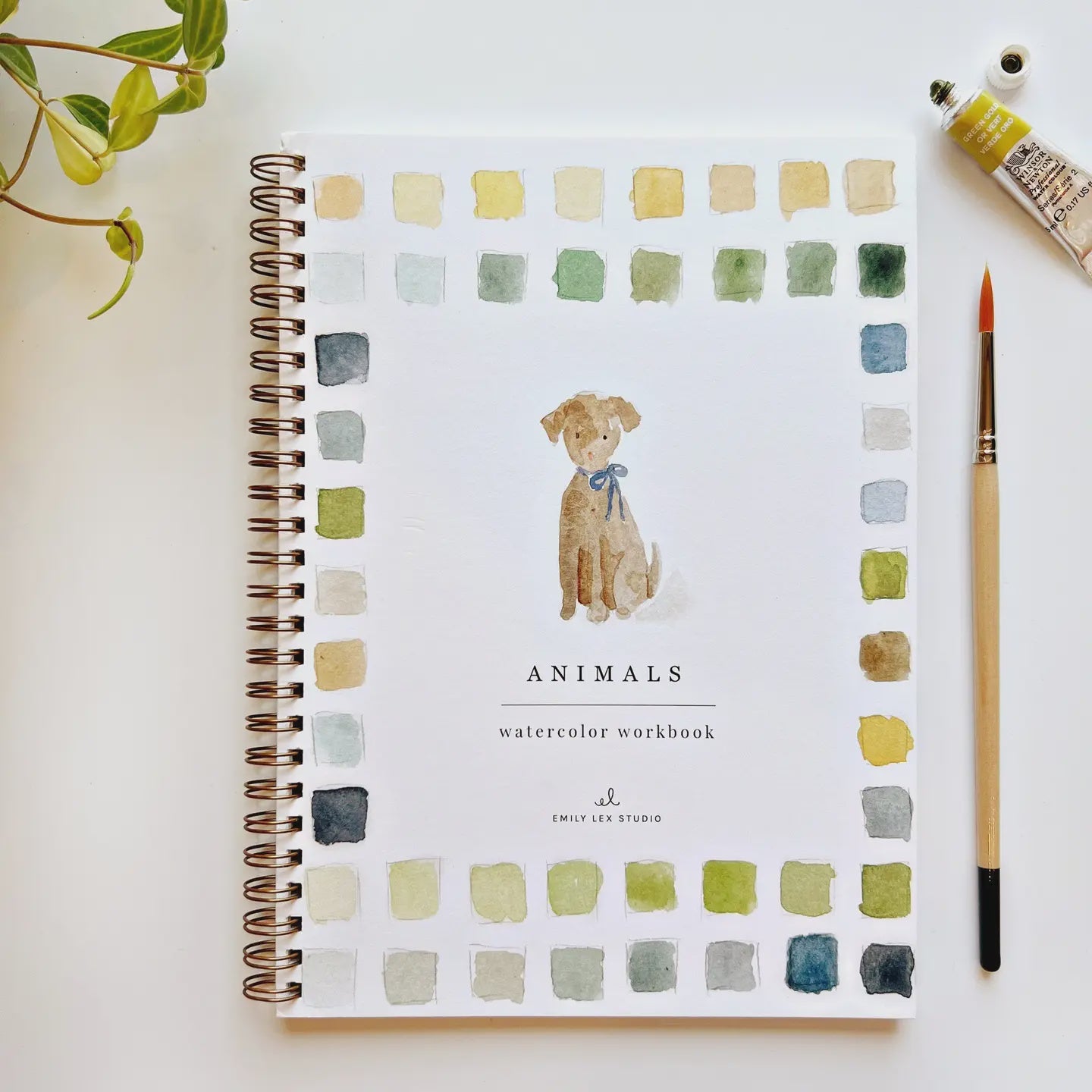 Faire's "Watercolor Workbook," titled "Animals," rests on a surface. It features beginner-friendly illustrations and a spiral binding for easy page turns. The cover, with vibrant squares, displays a painted dog with a blue bow. Nearby lie a paintbrush, paint tube, and green-leafed plant.