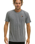 A man with wavy hair is wearing an Aviator Nation basic crew tee shirt in gray with a small logo on the left chest, standing against a plain white background.