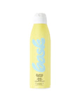 A 6 oz yellow bottle of Faire Bask Mist Sunscreen, reef-safe, non-aerosol spray with broad spectrum UV defense SPF 50, features "back" in large blue letters and a white cap.