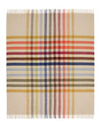 The Faire BM Merino Lamb Throw/Blanket is a square beige throw featuring multicolored plaid stripes inspired by traditional clan tartan, with fringe detailing on the top and bottom edges.