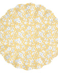 The Faire Mixed Set Reusable Large Plates feature a round, scalloped-edge design with a yellow background and a dense white and light blue floral pattern, making them charming decorative options for any occasion.