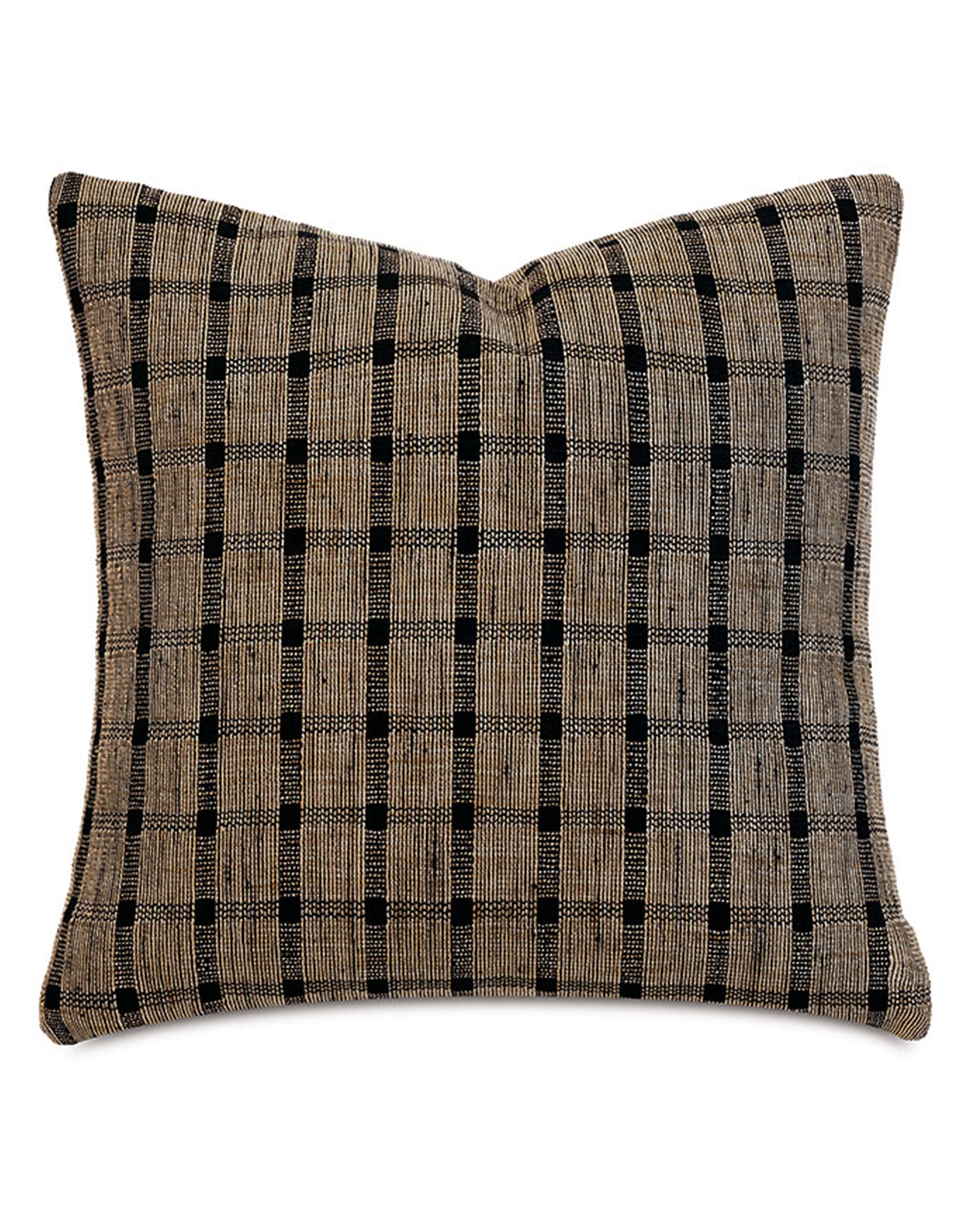 The Eastern Accents BEACHCOMBER CHECK pillow showcases a black and beige checkered pattern in textured dobby-woven fabric with visible edge seams, displayed on a white background.