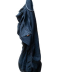 Dark blue Free City Matte Satin Loose Drawcord Biggy Pant with elastic waistband, hanging vertically.