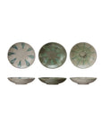 Set of three Creative Co-op Low Bowl Blue Green stoneware plates in assorted green and blue abstract styles, shown from top and side views against a white background. Each plate varies in size.