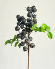The Faire 14" Blueberry Pick features dark, round artificial berries with dried crowns and vibrant green leaves on a branch, set against a light background—perfect for year-round decor.