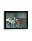 Faire's "Cezanne The Peppermint Bottle" limited-edition framed poster features a still life with wine bottle, carafe, glass, apples, and white cloth on a blue tablecloth, printed on matte art paper.