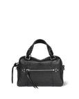 The Jerome Dreyfuss Lucky Mini Bowling Bag is a small black leather bag with two short handles, silver hardware, a front zipper pocket with tassel pull, and decorative studs. Shown against a white background.