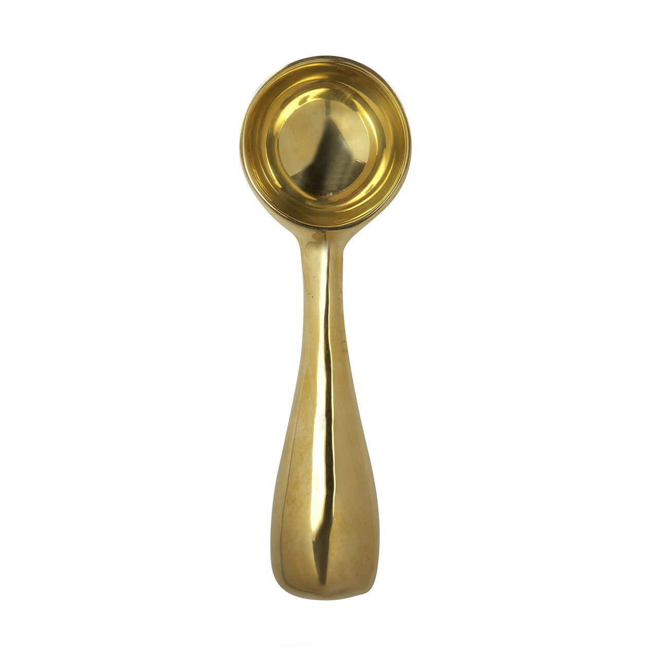 A single, elegant Sir/Madam Brass Dessert Scoop isolated on a white background, viewed from the front with light reflections on its surface, reminiscent of a bungalow-style accent in Scottsdale, Arizona.