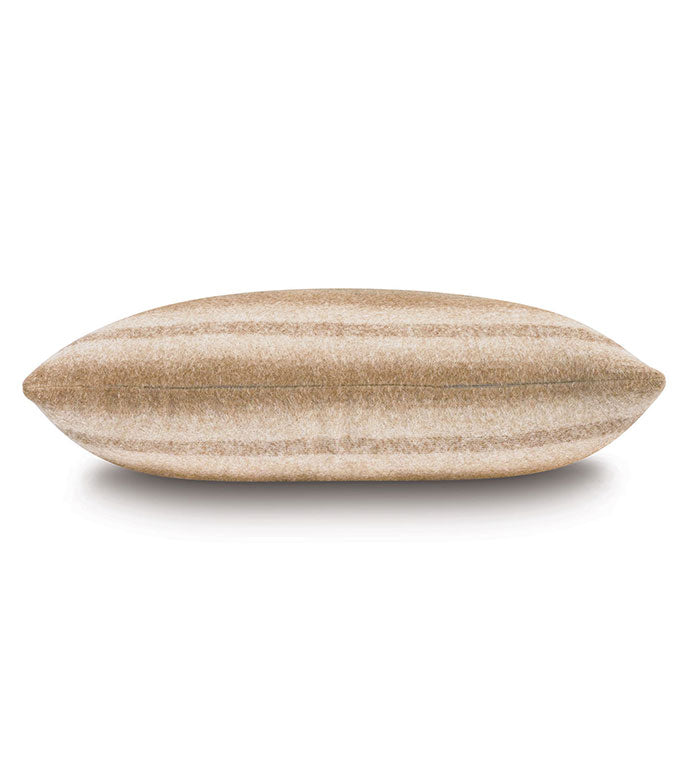 The Anderson Horizontal Ombre Pillow by Eastern Accents features beige and light brown stripes in an ombre design. Pillow insert included. Shown on a white background.