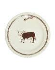 Stoneware plate with brown cow illustration and rope border by Fishs Eddy, microwave and dishwasher safe.